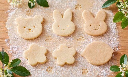 handmade cookie dough spread across a lightly floured natural wooden surface, lit by warm golden morning sunlight