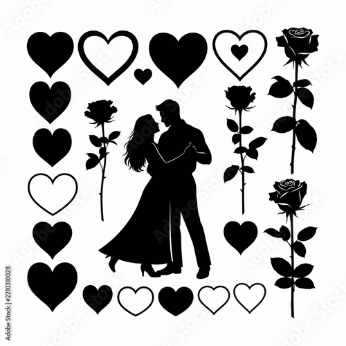 Dancing couple with roses and hearts black silhouette on white background