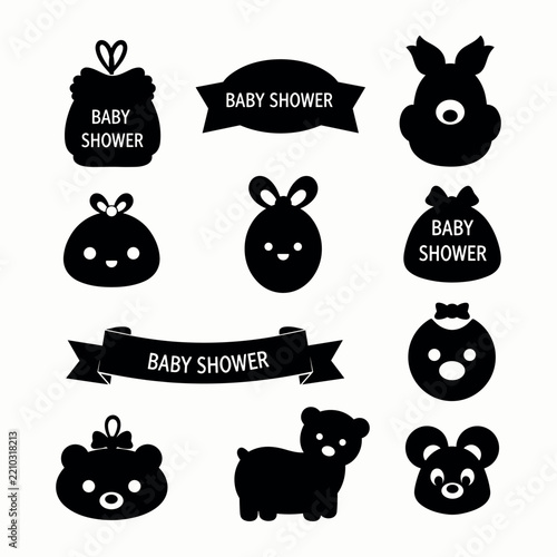 Collection of black animal silhouettes and baby shower banners on a white background