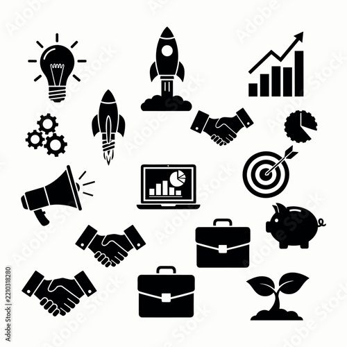 Business silhouettes depicting growth strategy and financial success on white background