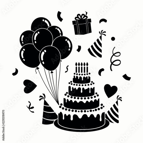 Black silhouette of birthday cake balloons and party decorations