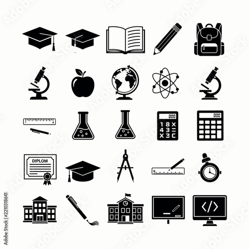 Collection of black flat icons representing academic subjects and school supplies academics apple atom backpack