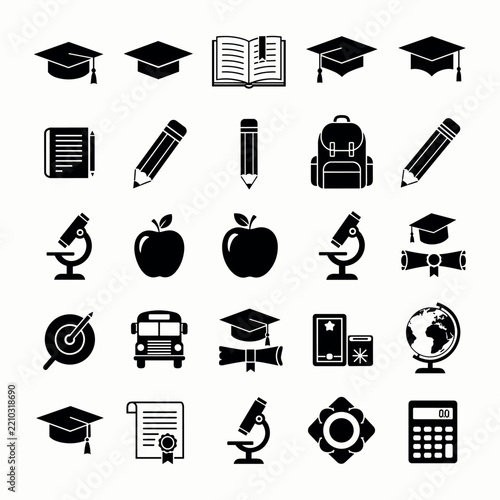 Collection of flat black education icons including graduation caps books and school supplies academic apple