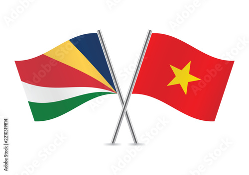 Seychelles and Vietnam crossed flags on a white background. Vector illustration.