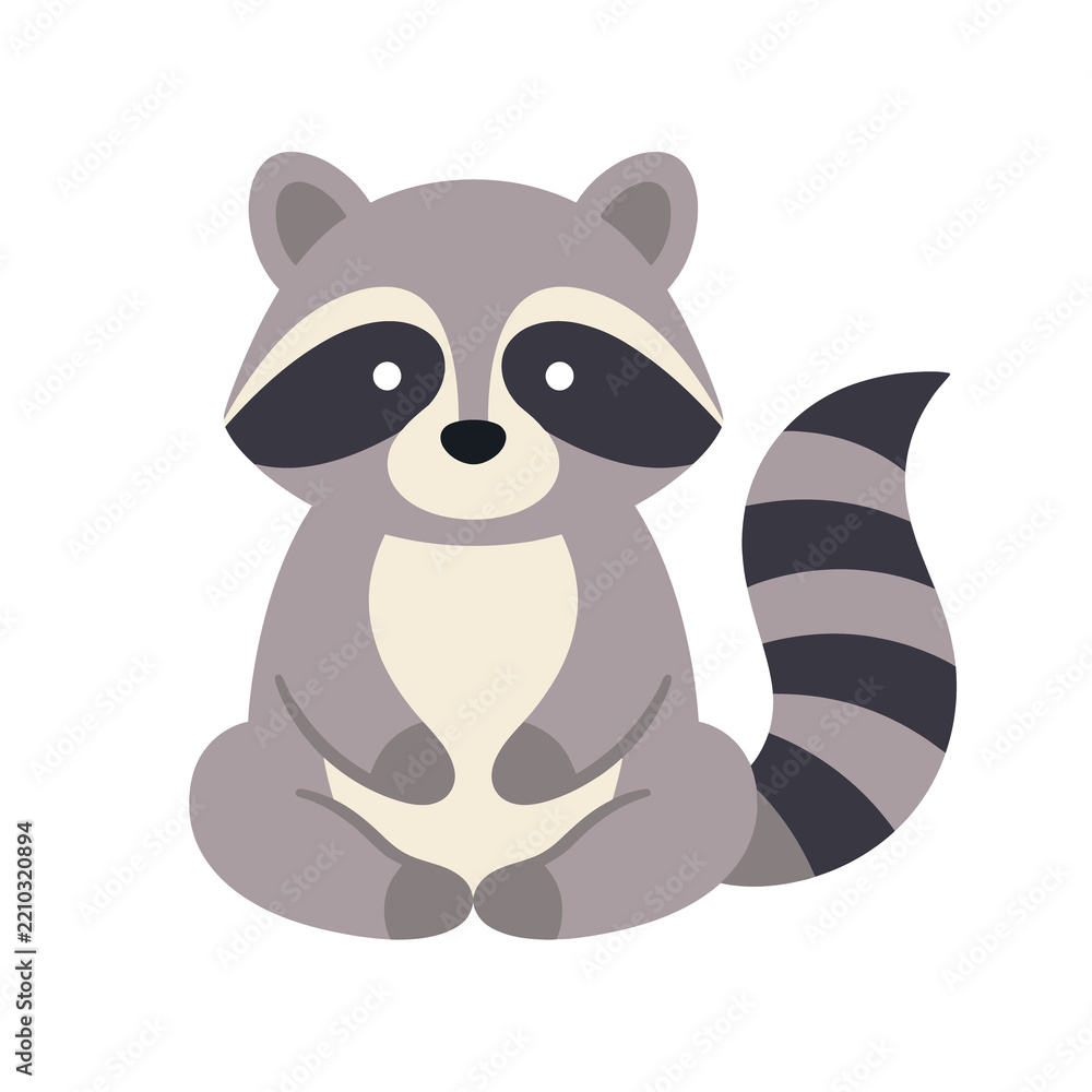 Fototapeta premium Adorable gray raccoon sitting with striped tail and masked face for woodland animal character designs and children storybook illustrations or wildlife education.