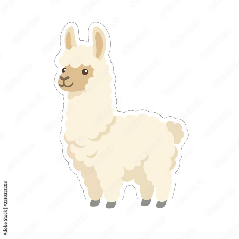 Obraz premium Cute white alpaca sticker with fluffy wool and gentle expression is perfect for farm animal themes children nursery decor and South American travel related projects.