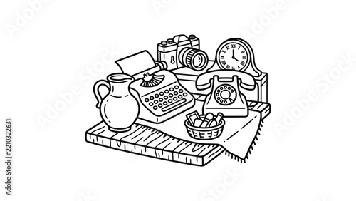 Vintage Objects Still Life: Typewriter, Rotary Phone, Camera, Clock, and Jug - Retro Communication and Technology