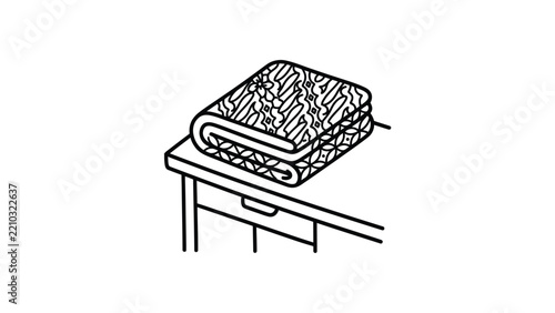 Folded Blanket with Pattern on a Table, Simple Line Art Illustration