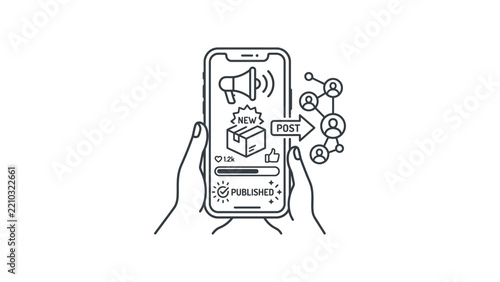 Smartphone Social Media Post Publishing and Engagement Concept - Vector Illustration