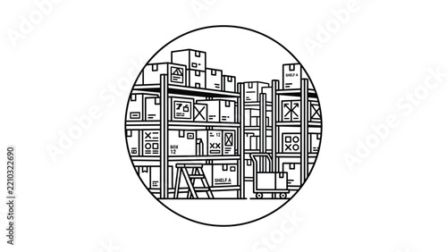 Warehouse Storage with Boxes, Forklift, and Ladder - Vector Illustration