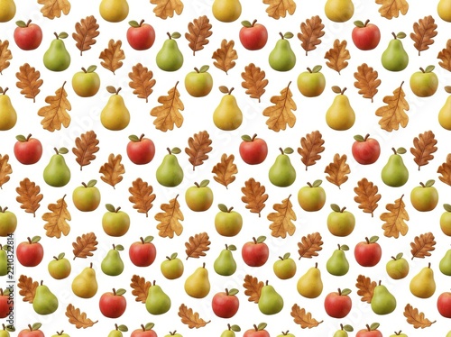 3D Seamless Pattern with Pears, Apples and Oak Leaves