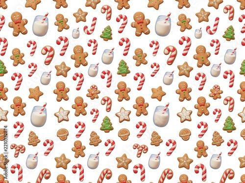 3D Seamless Pattern with Christmas Cookies, Milk Glass and Candy Cane