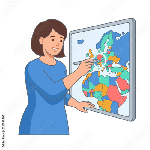Woman Teacher Points to World Map on Whiteboard, Education and Geography Concept