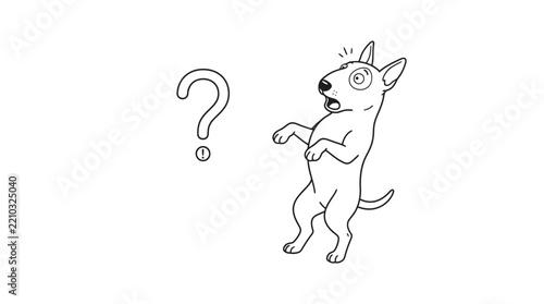 Surprised bull terrier dog standing with a question mark symbol