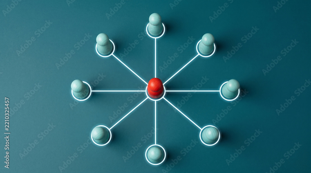 Obraz premium Wooden figures connected by glowing lines, representing a network or communication, symbolizing connection, coordination, and data flow
