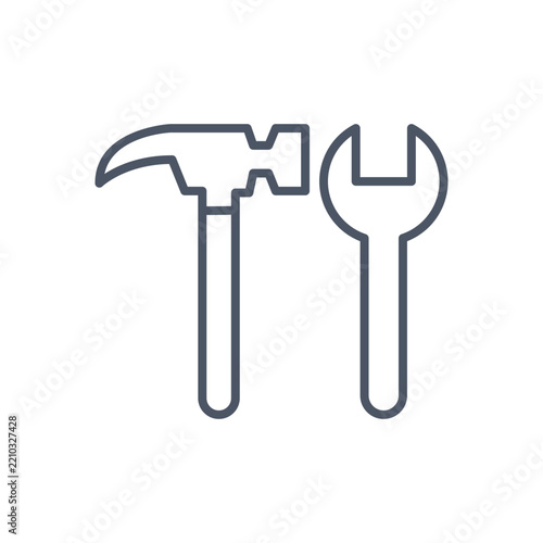 Industrial hammer and wrench outline vector, professional repair and maintenance tools icon, dark grey minimalist hardware equipment for DIY projects