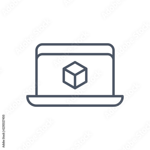 3D modeling software icon on laptop screen, minimalist line art computer vector, digital design and CAD development symbol