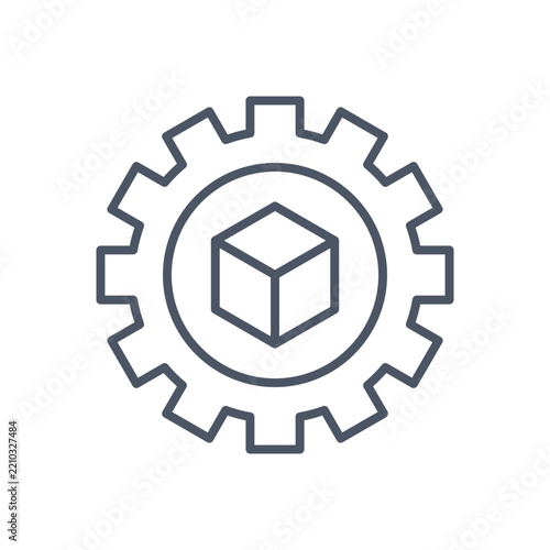 Industrial gear and cube icon, minimalist cogwheel with box symbol for manufacturing and logistics, technical production line art vector