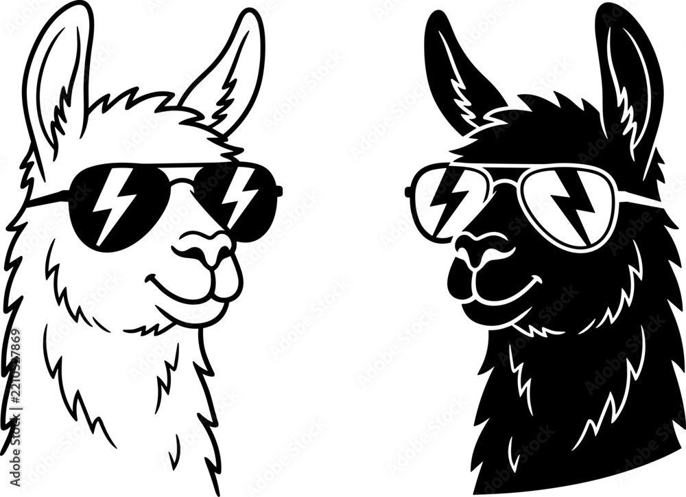 Obraz premium Two llama head portraits wearing lightning bolt sunglasses