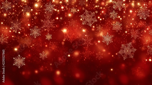 Glowing red Christmas background featuring sparkling golden snowflakes and festive magic lights shining brightly throughout the winter season