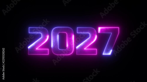 Glowing neon 2027 text sign with purple and blue light effects on black background