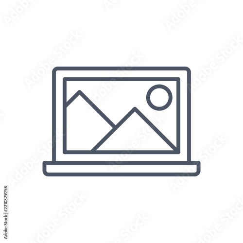 Minimalist laptop icon with landscape photo on screen, digital photography portfolio vector, thin line art computer display with mountain image