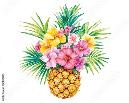 Pineapple with Tropical Flowers and Palm Leaves Watercolor Illustration