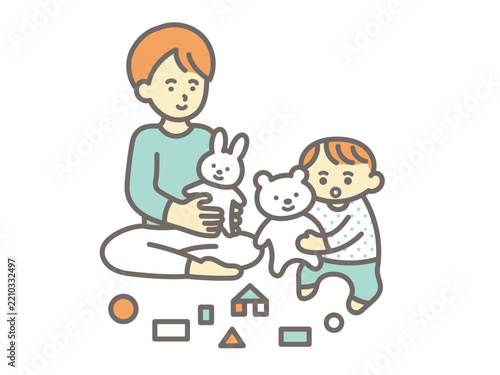 赤ちゃんとお父さんが遊んでいるイラスト