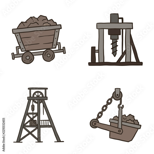 Mining icons set with coal cart, drilling rig, hoist tower, and bucket isolated on white background.