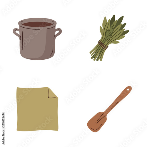 Cooking pot herbs cloth sheet and wooden spatula shown as simple hand drawn graphic design elements.