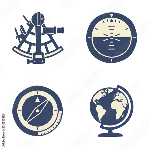 Navigation instruments present a sextant, artificial horizon, compass, and globe in dark blue.