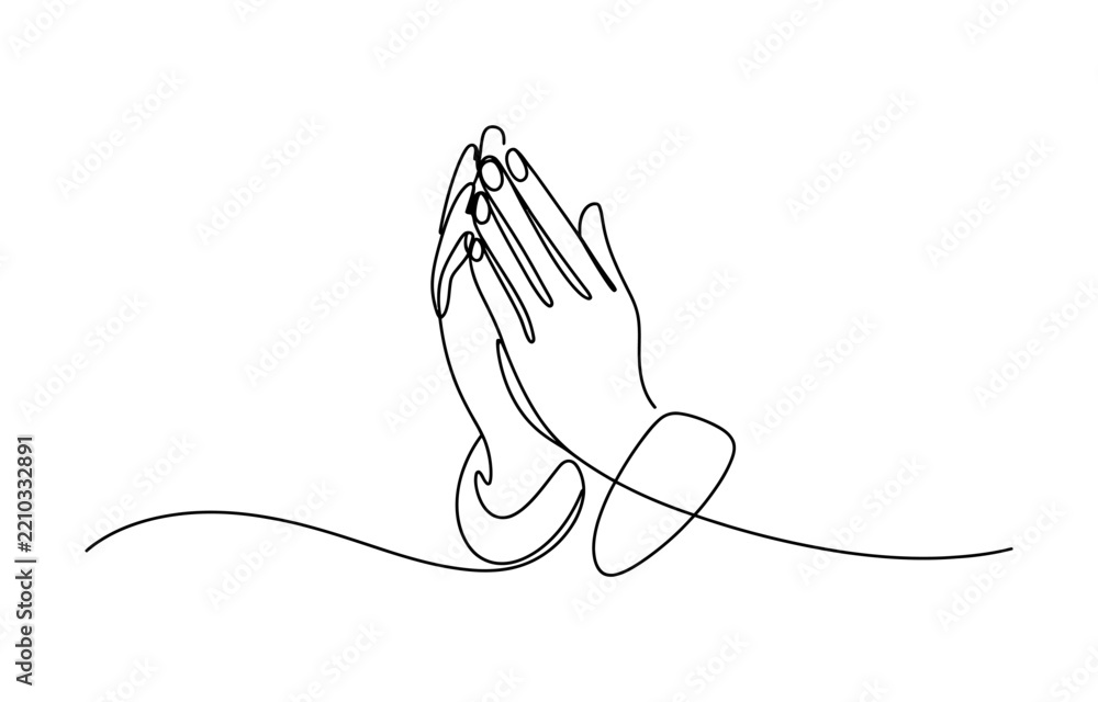 Fototapeta premium Continuous single line drawing of praying hands held together in a gesture of faith and hope