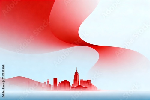 Stylized Cityscape with Flowing Red Abstract Curves