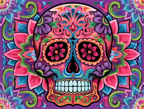 Colorful sugar skull with floral patterns and swirls