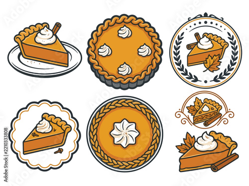 Assorted pumpkin pies and slices illustrated as decorative autumn dessert stickers.