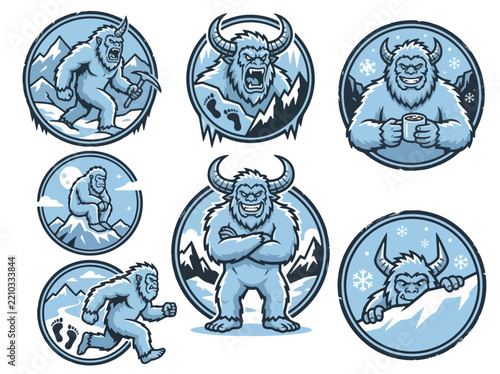 Set of stylized yeti and abominable snowman badge illustrations in blue.