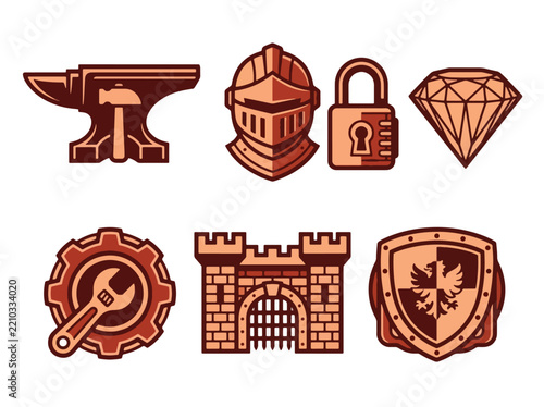 Set of stylized medieval icons featuring anvil helmet padlock diamond and castle shield.