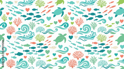 Cute Sea Turtle Seamless Pattern, Ocean Life, Coral Reef, Fish School, Waves, Hearts
