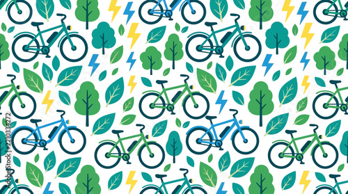 Eco-friendly electric bicycle pattern, green energy, nature, sustainable transport
