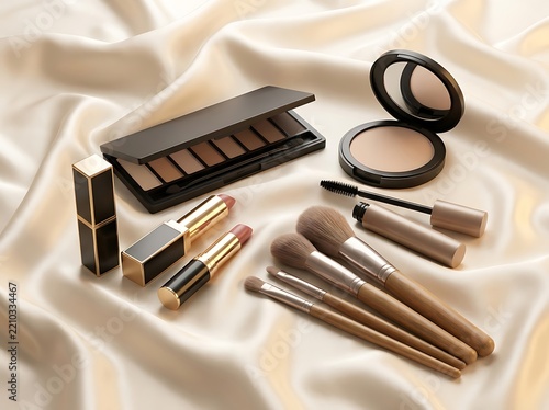 Set of professional makeup cosmetics and beauty brushes on a soft light fabric background. makeup combo deals