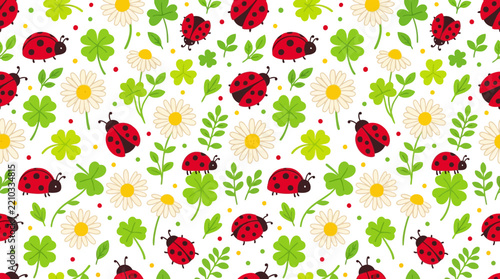 Seamless Pattern: Ladybugs, Clovers, and Daisies - Cute Spring Background