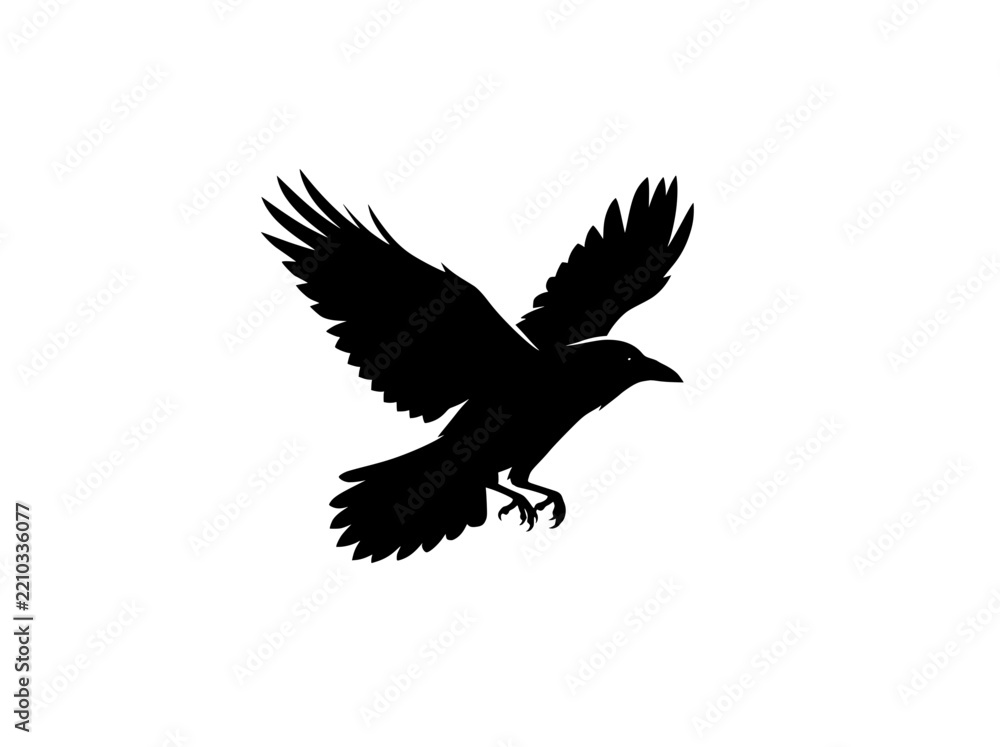 Fototapeta premium Flying raven vector silhouette, black crow in mid flight graphic icon, minimalist bird wings silhouette for logo design and wildlife branding