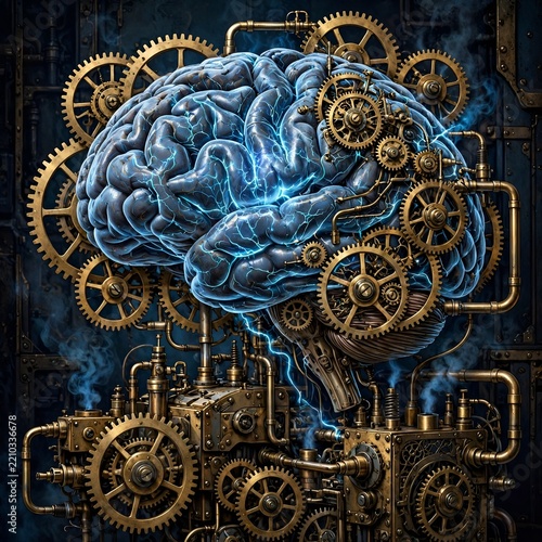 Steampunk brain with brass gears, mechanical AI mind concept