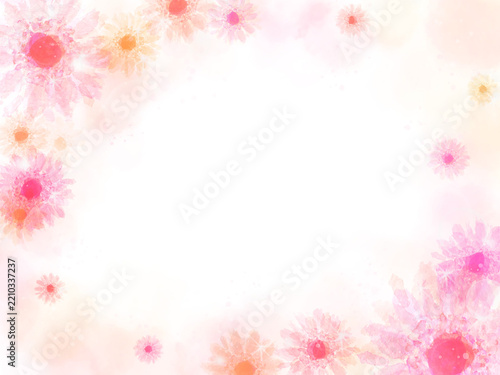 水彩で描いたピンクのコスモスのフレーム背景　中央に余白のある秋の花素材