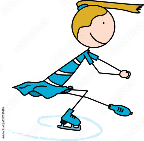 A simple vector illustration of a happy girl ice skating in a blue dress.