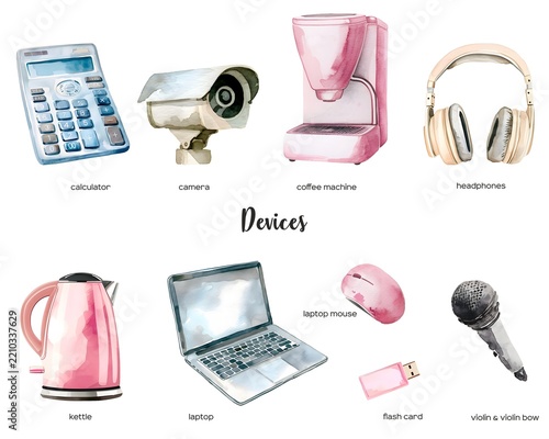 Household and Personal Electronics Watercolor Elements Set