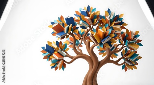 Creative learning tree sculpture featuring colorful book pages and branches against a clean white studio background
