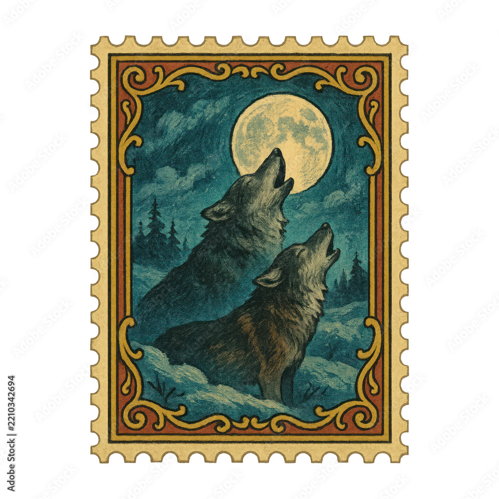 Obraz premium PNG Vintage wolves howling illustration