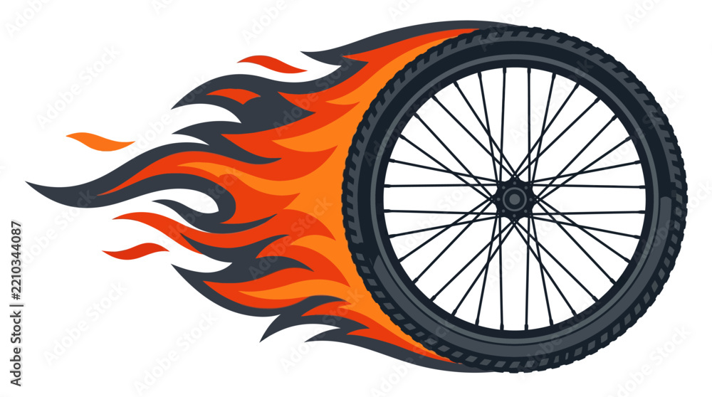 Obraz premium Vector Illustration of Burning Bicycle Wheel with Speed Flames Isolated on White Background