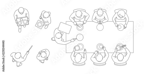 Top view illustration of people serving and eating at a dining table, with food trays and utensils
